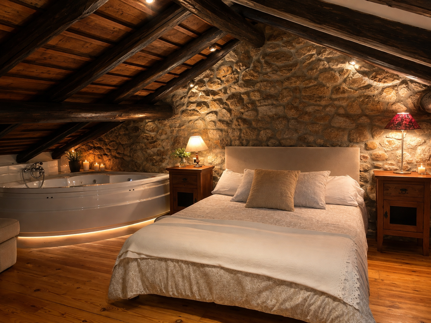 Habitación abuhardillada con jacuzzi de hidromasaje y pared de piedra en casa rural de Puente Viesgo
