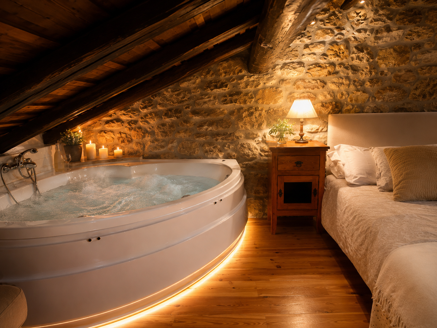Habitación con jacuzzi privado, luz cálida y pared de piedra en la Hostería de Castañeda, Puente Viesgo