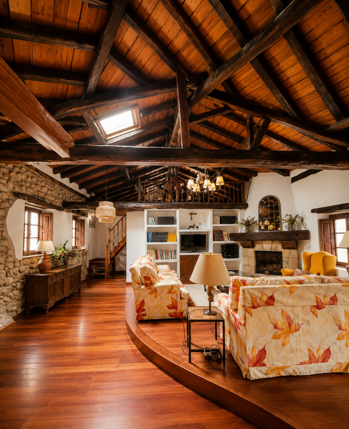 Salón principal con estructura de madera y vigas vistas