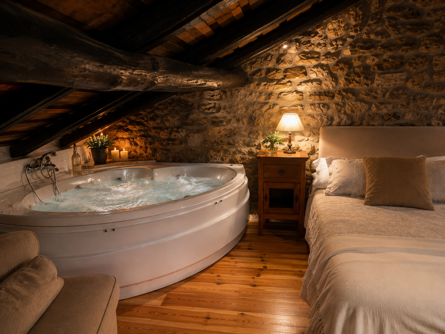 Jacuzzi de hidromasaje encendido junto a la cama, con velas y muro de piedra, en casa rural de Cantabria