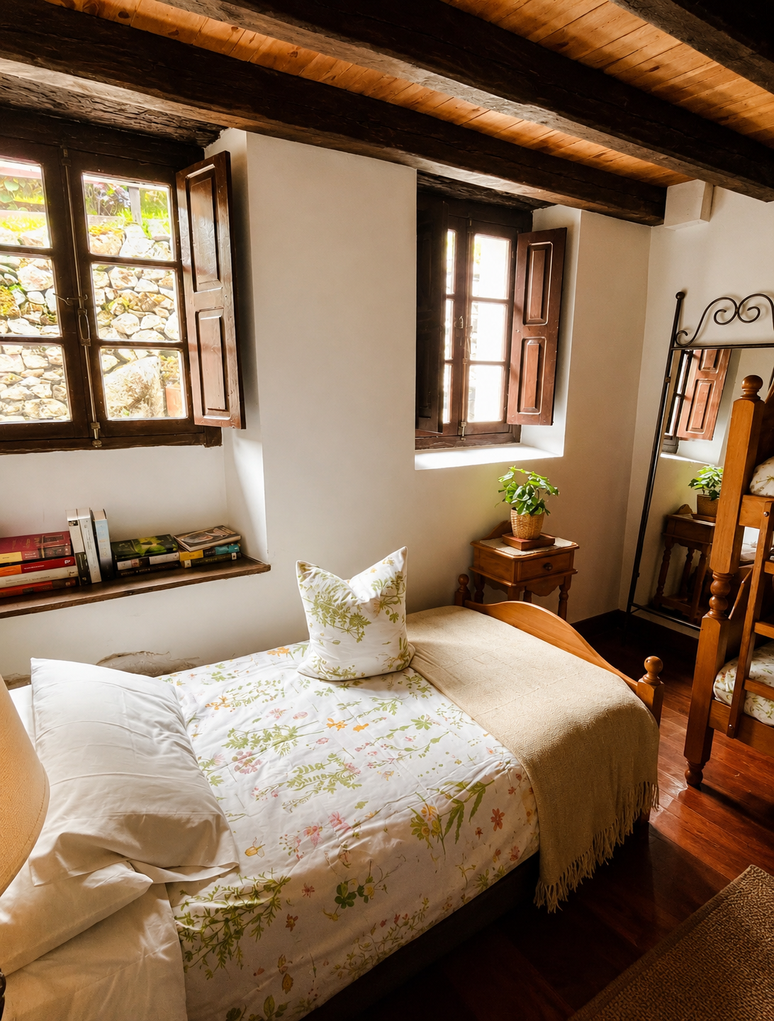 Habitación individual con ventanas al jardín en alojamiento rural de Puente Viesgo