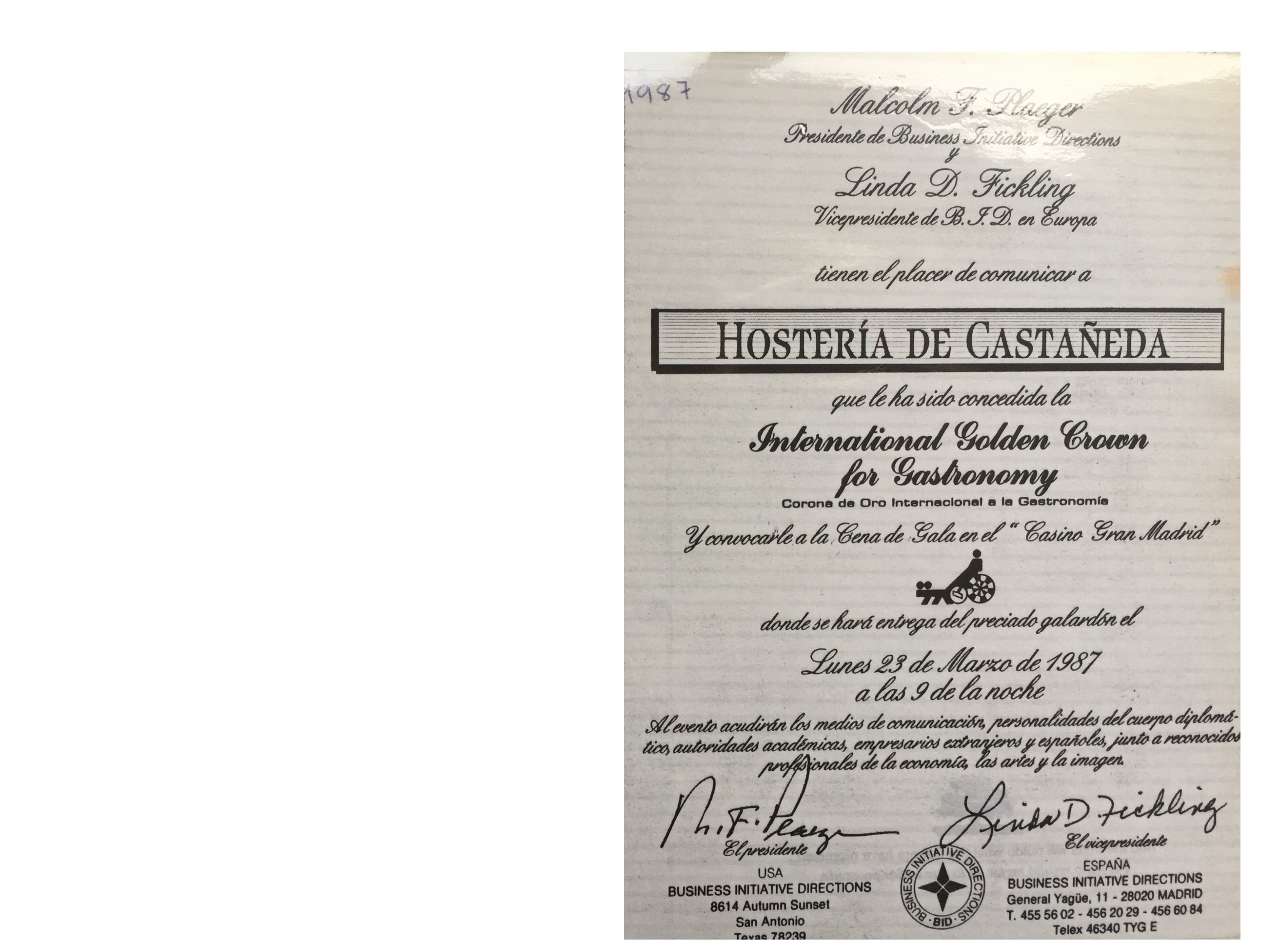 International Golden Crown for Gastronomy — 1987, Hostería de Castañeda